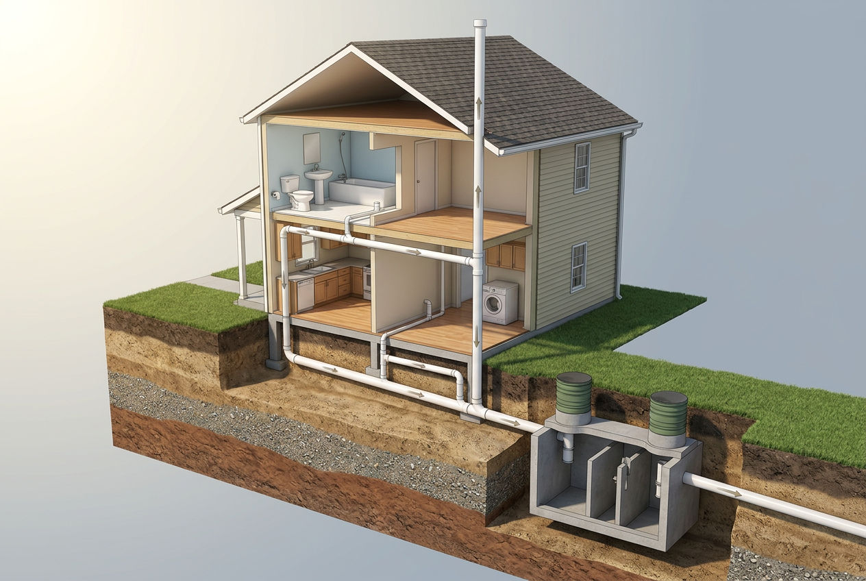 3D isometric cutaway showing house drain lines converging into a main sewer line that feeds the septic tank