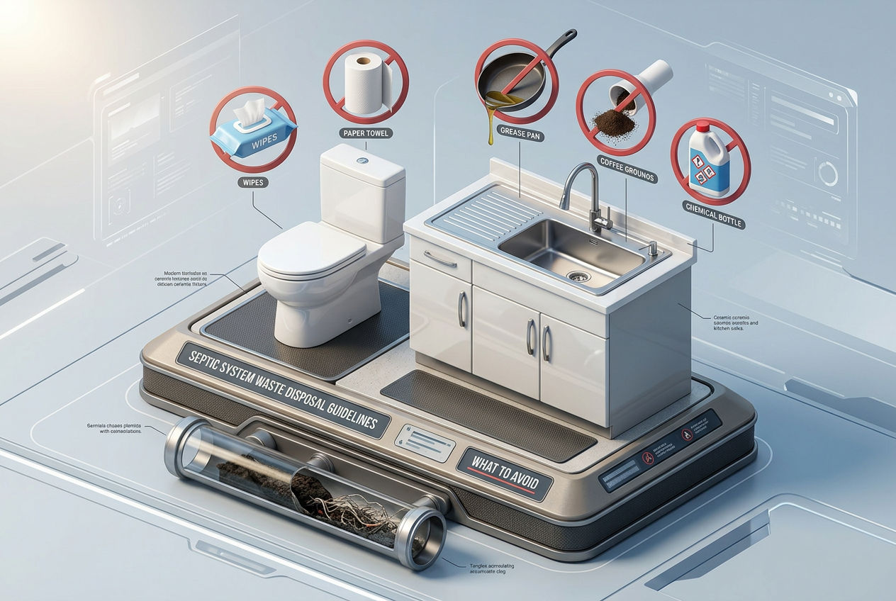 3D isometric infographic of sink and toilet with prohibited items — wipes, grease, chemicals — that damage septic plumbing