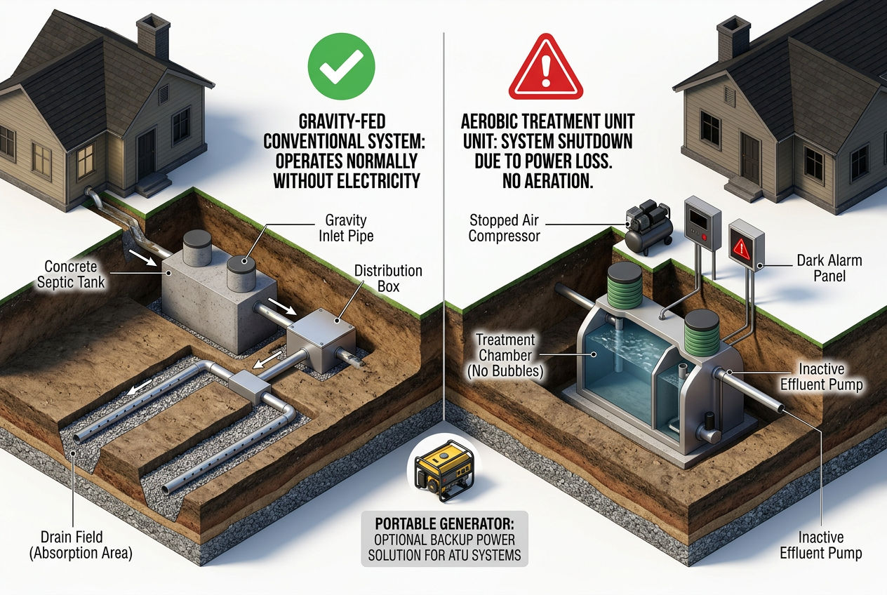 3D split scene showing gravity septic working during power outage while aerobic system fails without electricity