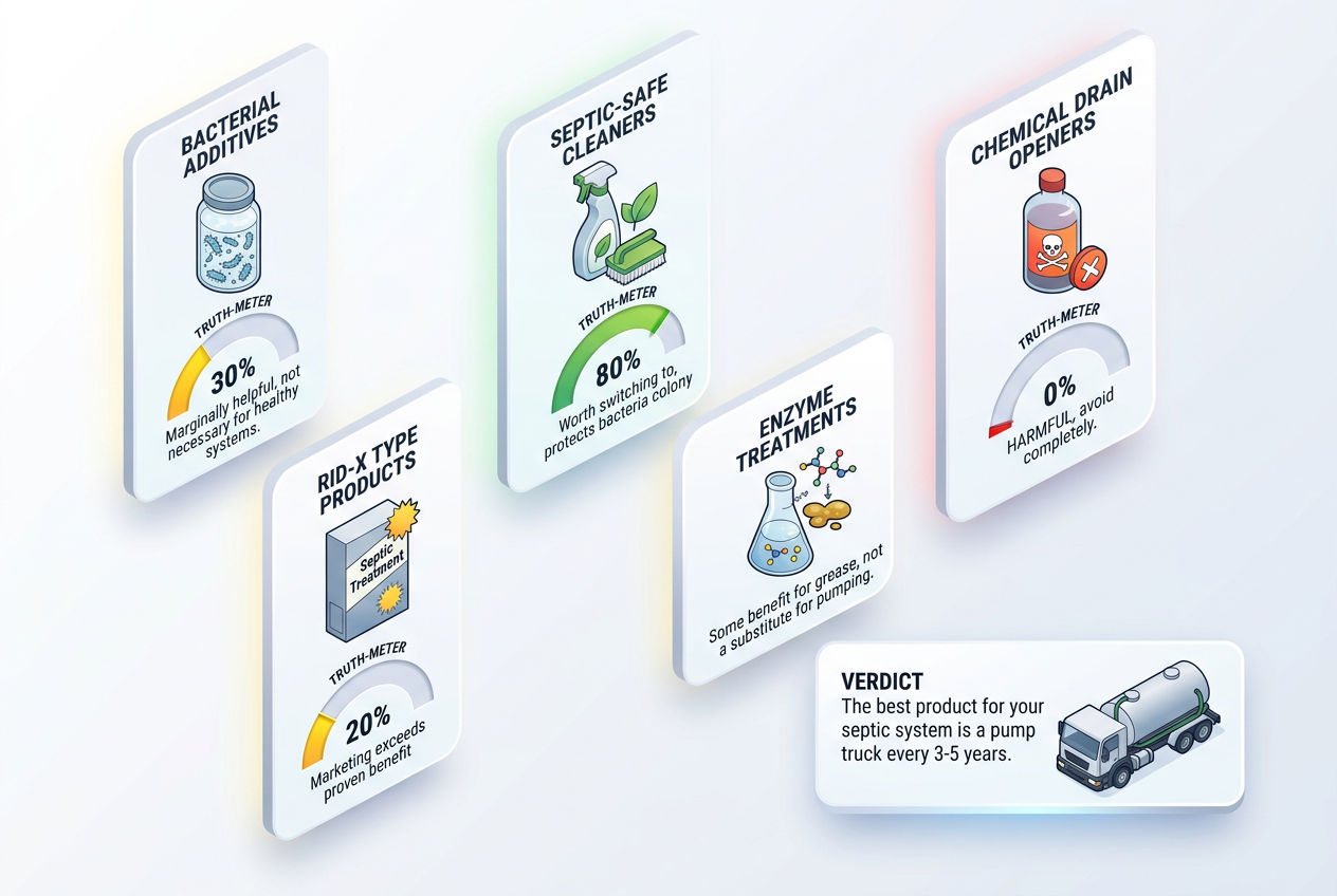 3D truth-meter rating five categories of septic system products from helpful to harmful