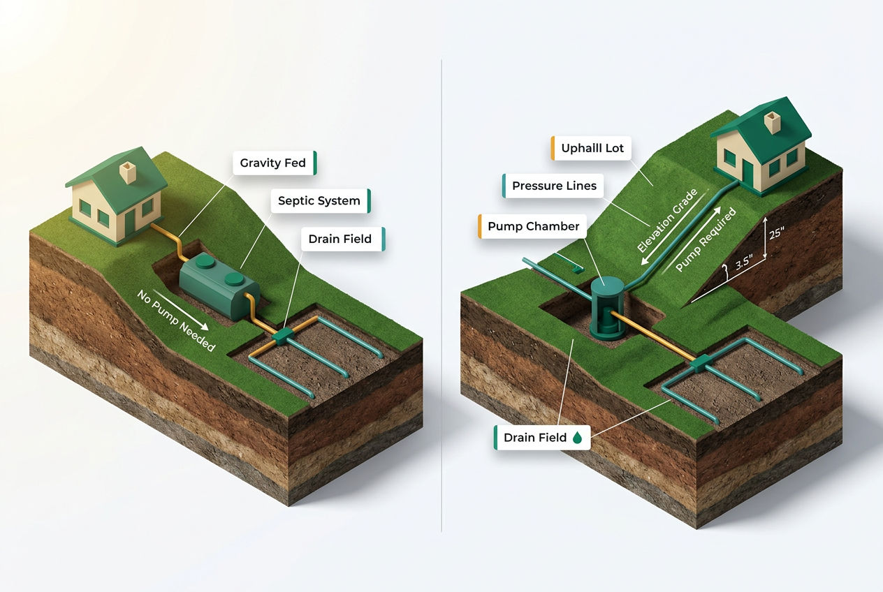 Isometric cutaway comparing gravity-fed septic system vs pump-assisted system with labeled flow arrows and terrain elevation.