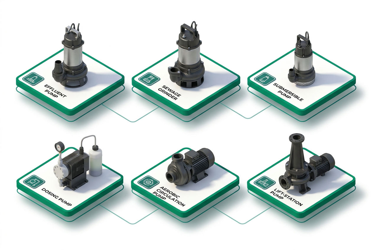 Six 3D isometric icons of septic pump types: effluent, sewage grinder, submersible, dosing, aerobic, and lift station pumps with labels.