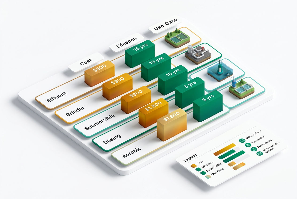 Isometric comparison matrix showing five septic pump types across cost range bars, lifespan years, and best-use-case icons.