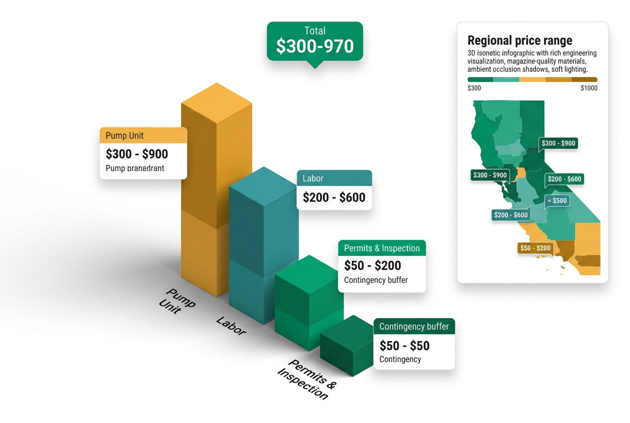 3D isometric cost breakdown showing pump unit, labor, permits, and total replacement costs as stacked bar segments with dollar labels.