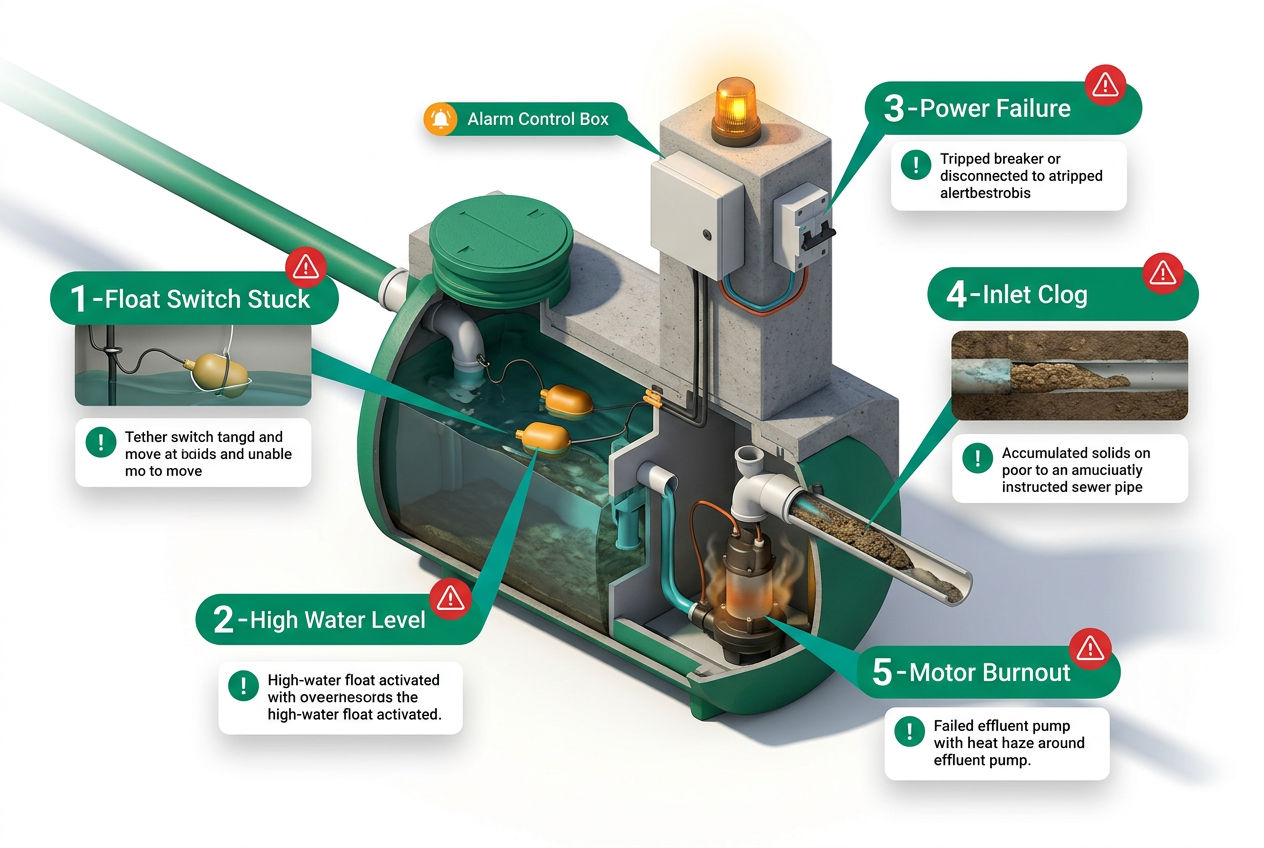 Isometric septic tank cutaway with numbered alarm trigger callouts: float switch failure, high water, power outage, clog, and pump burnout.