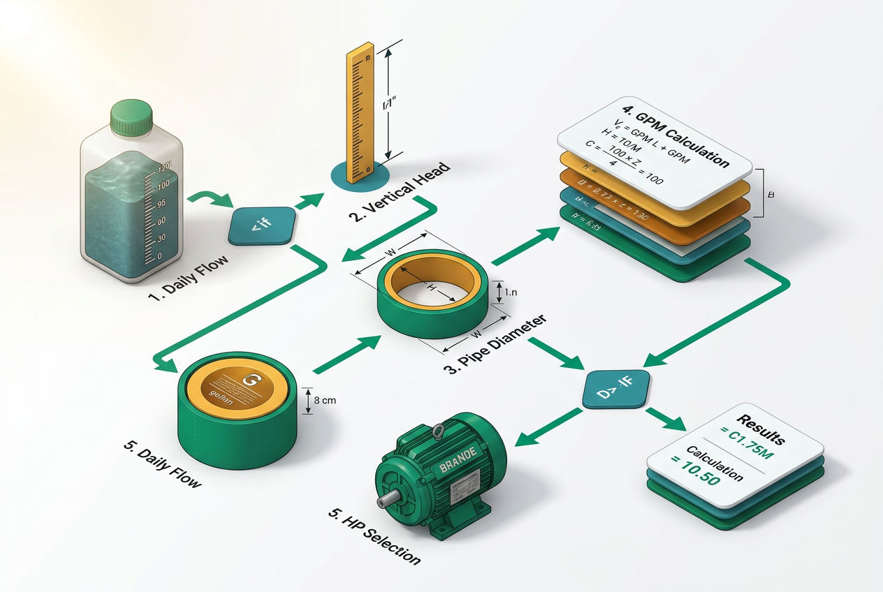 Isometric step flowchart for sizing a septic pump showing daily gallons, head pressure, pipe diameter, and horsepower selection steps.