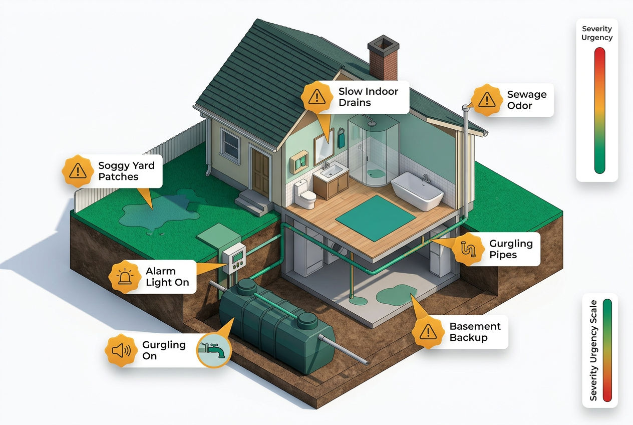 Isometric home and yard scene with six labeled warning-sign callouts: slow drains, sewage odor, wet spots, alarm, gurgling pipes, backups.