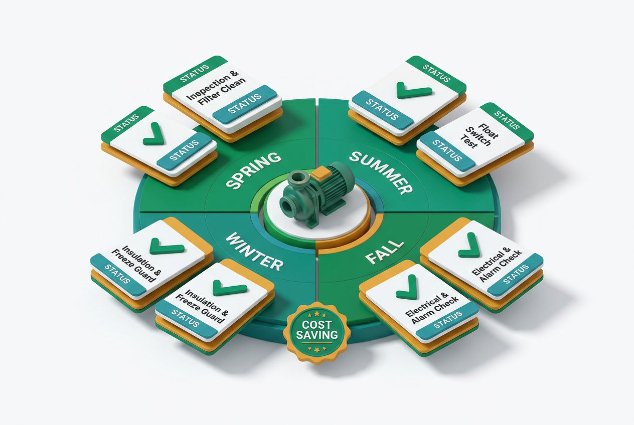 Isometric annual maintenance checklist with 3D icons for inspection, filter cleaning, float test, electrical check, and pumping schedule.