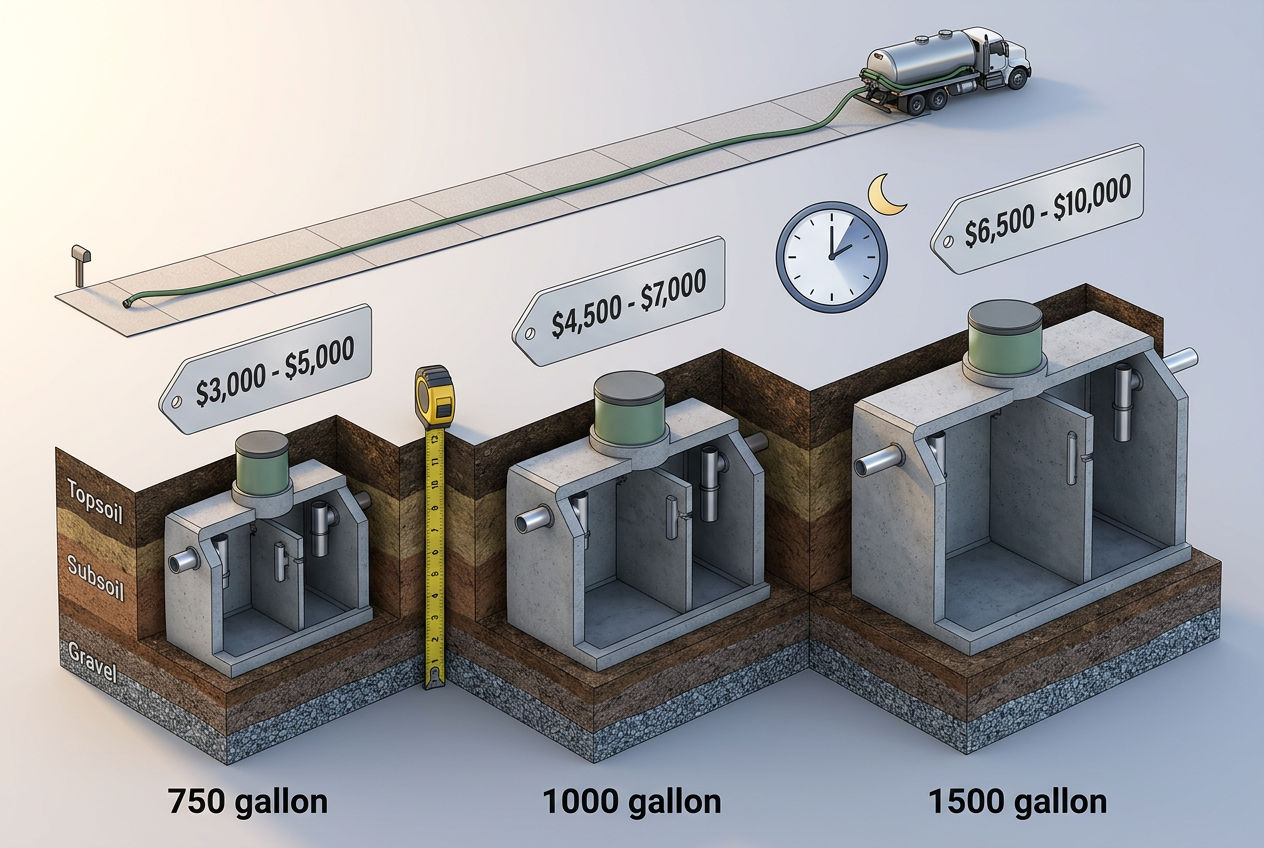 Three septic tanks of different sizes showing pump out cost comparison with pricing factors for depth and access
