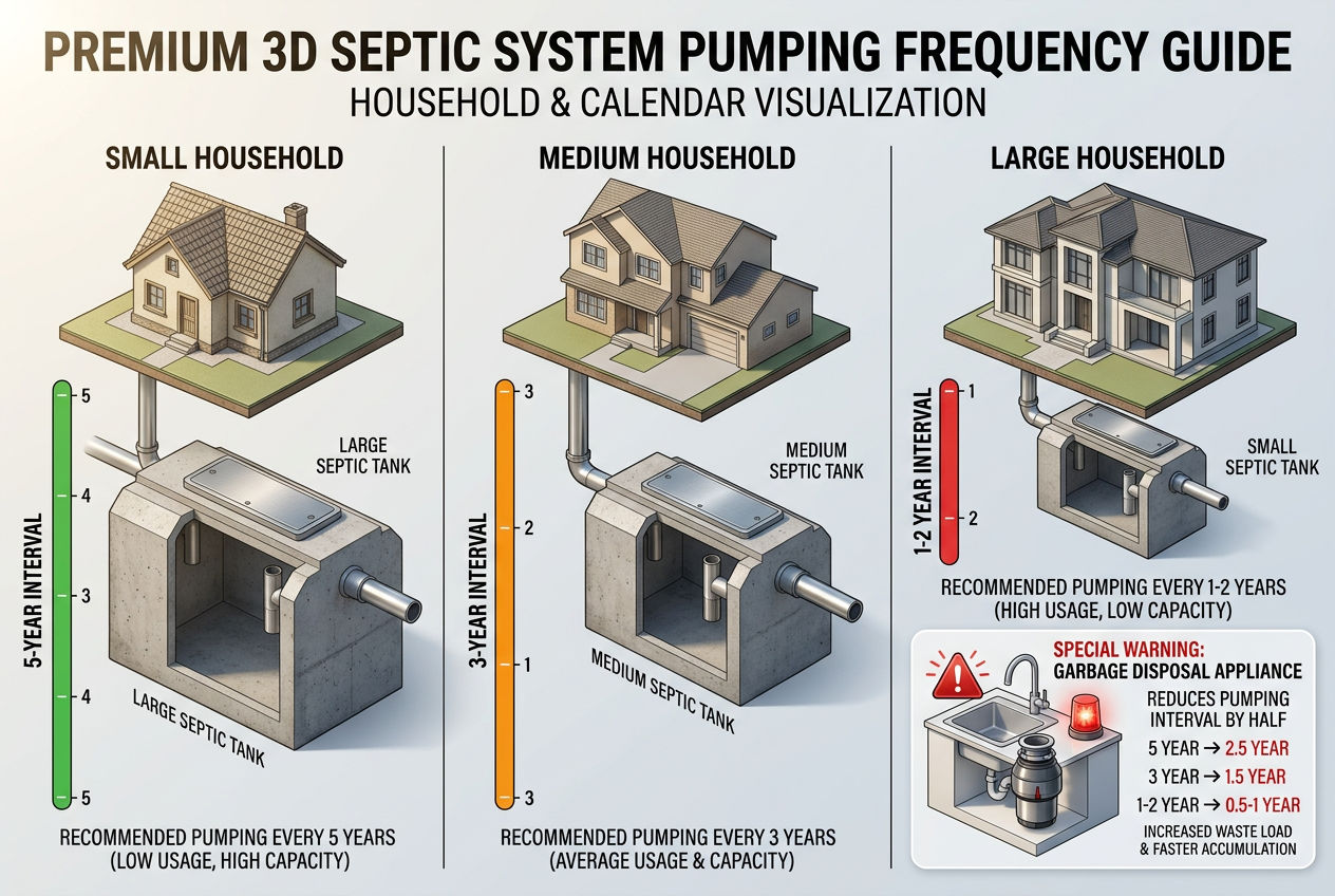 Septic tank pump out frequency schedule showing how household size and tank capacity affect pumping intervals