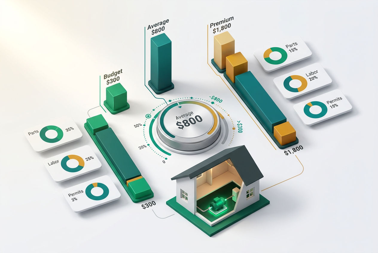 3D isometric infographic showing septic pump replacement cost ranges with price bars and average cost callout cards.