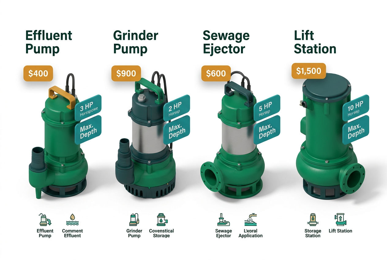 Isometric comparison grid of four septic pump types with 3D pump models, cost badges, and spec label cards.