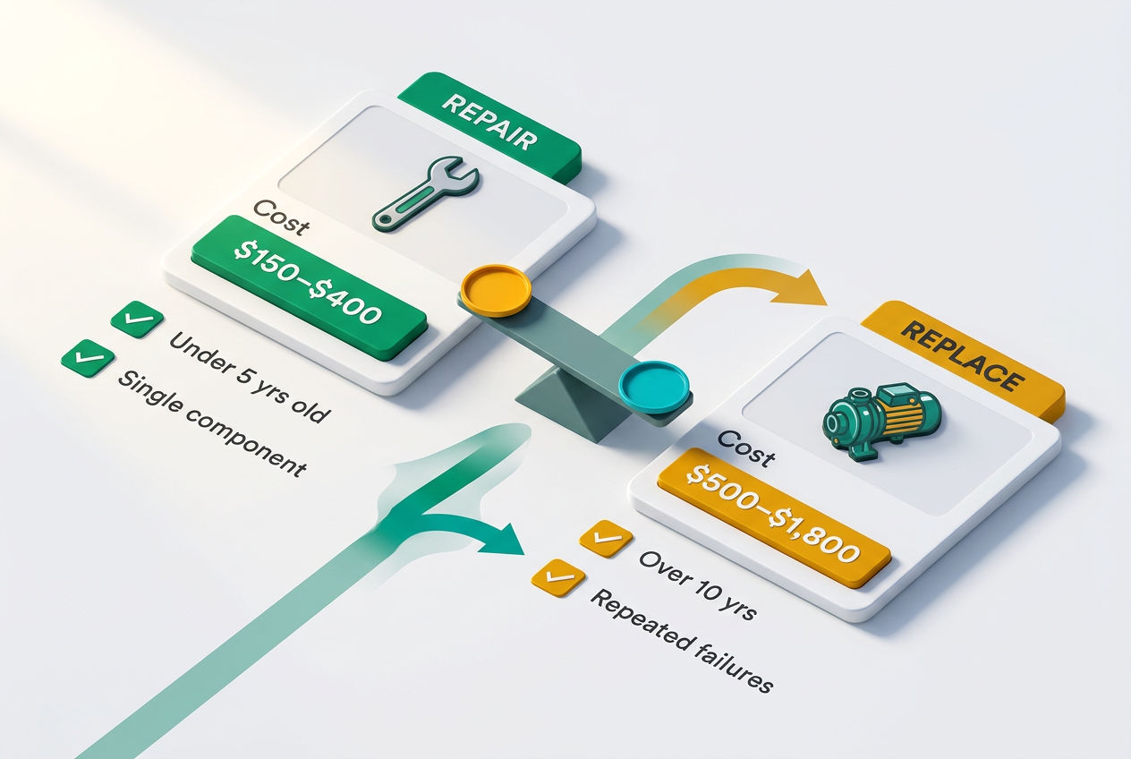 3D isometric split-panel infographic comparing septic pump repair versus full replacement with cost scales and decision flowchart.