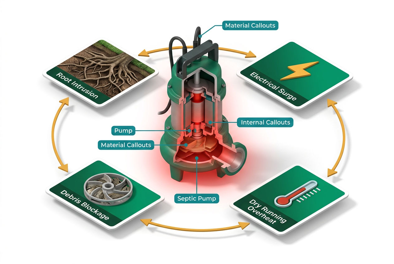 Isometric cutaway diagram showing root intrusion, clogs, overheating, and electrical faults as causes of septic pump burnout.