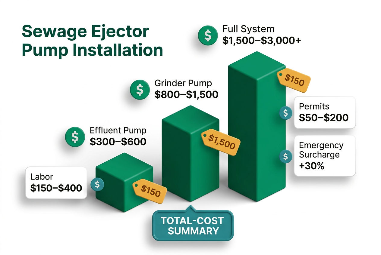 3D isometric cost comparison chart showing septic pump replacement price ranges for parts, labor, and pump types.