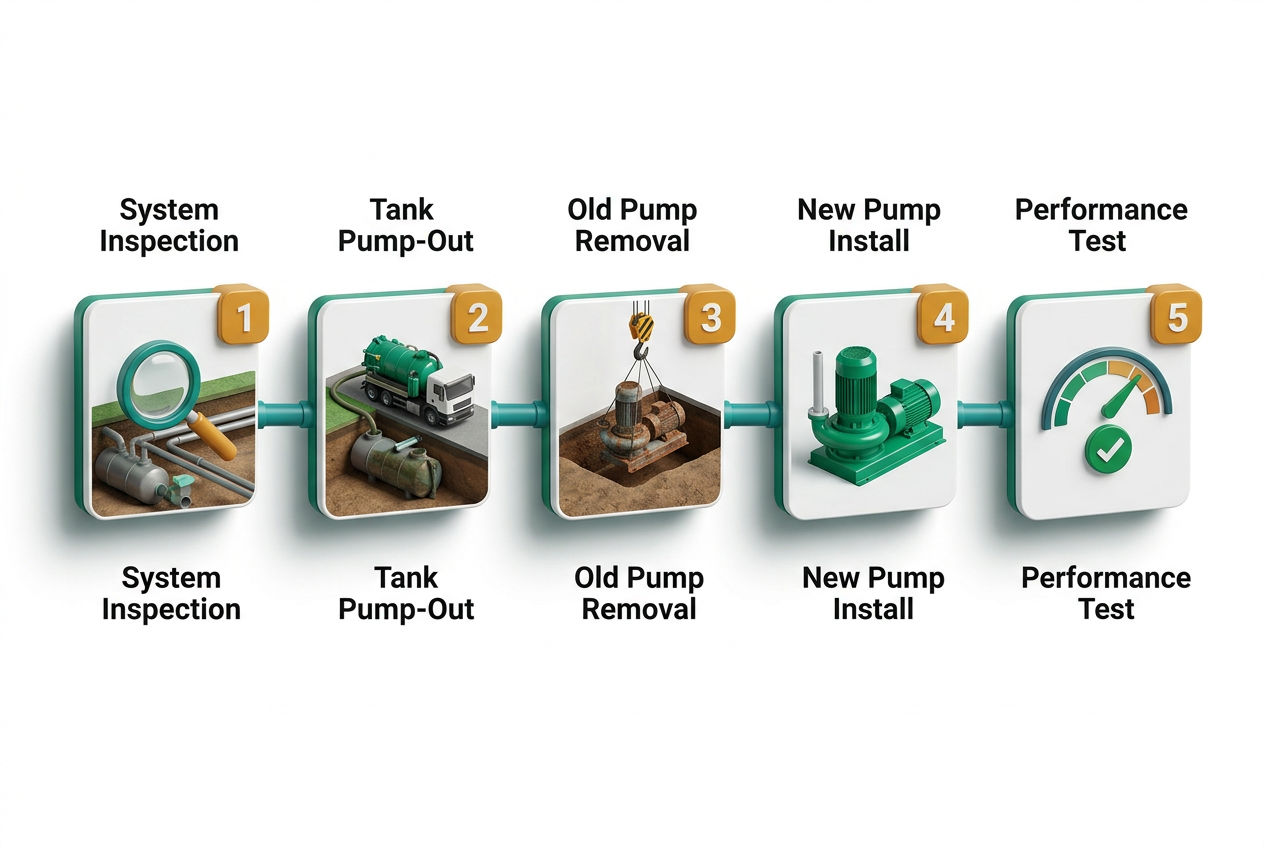 Isometric step-flow diagram showing 5 stages of septic pump replacement from inspection to testing.