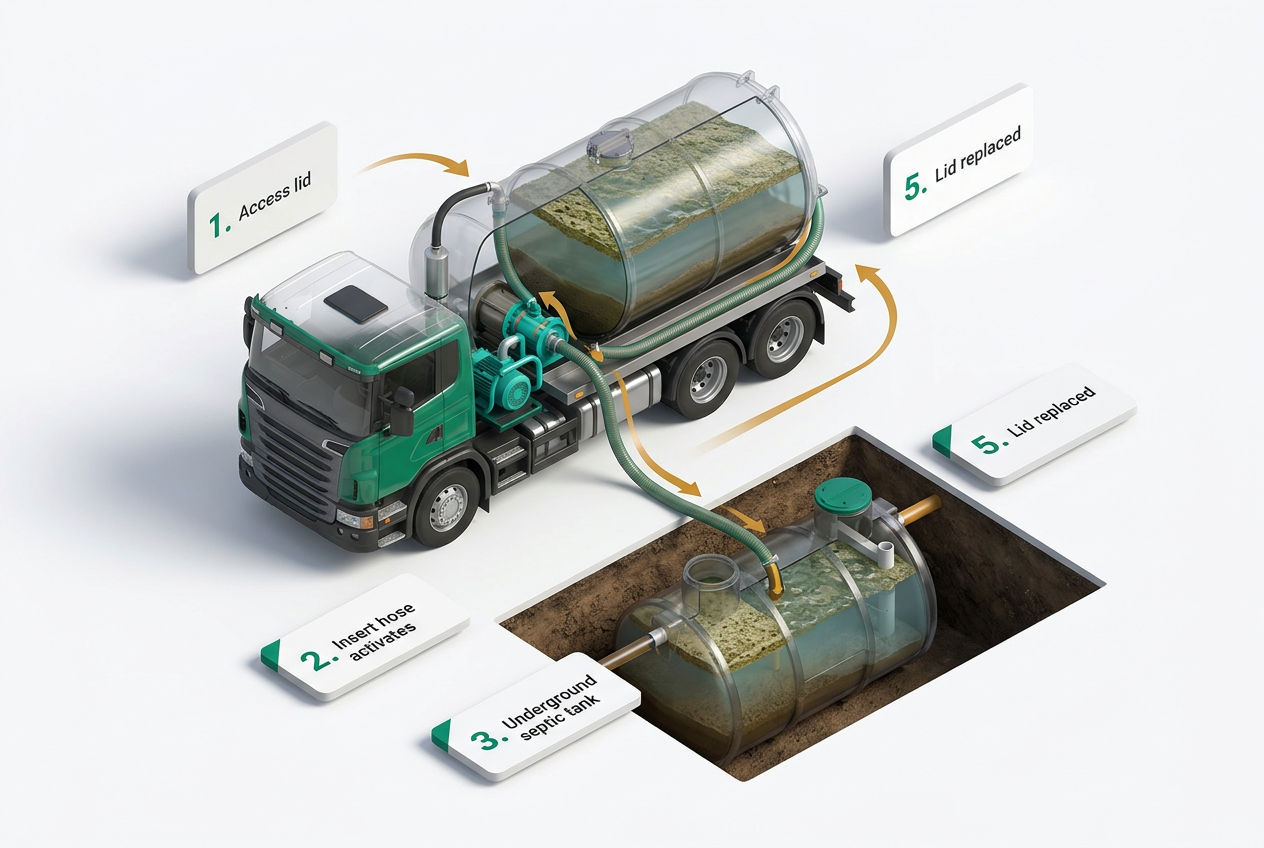 3D isometric cutaway showing septic pump truck vacuum system, hose connection, tank layers, and waste flow steps labeled 1–5.