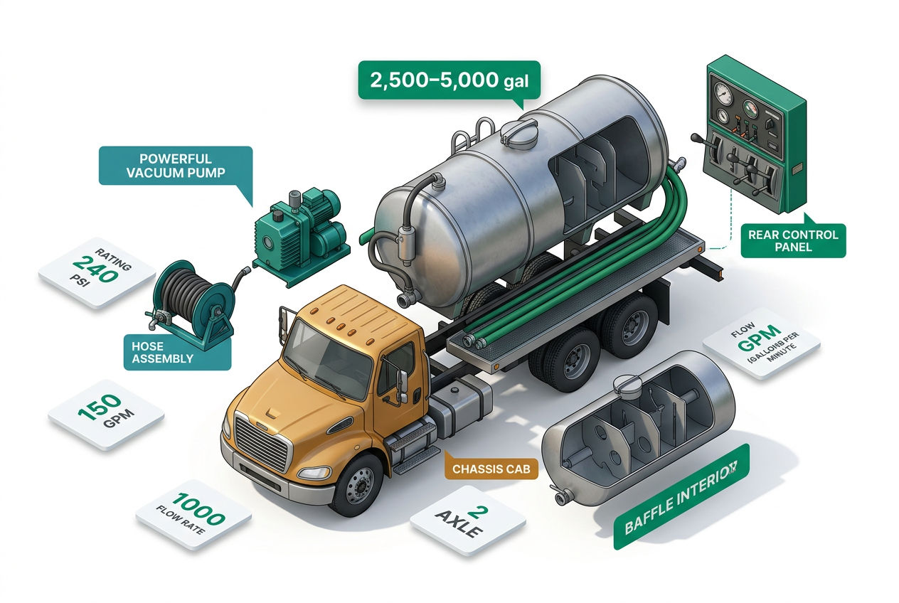 Isometric septic pump truck exploded diagram labeling tank capacity, vacuum pump, chassis type, hose reel, and control panel components.