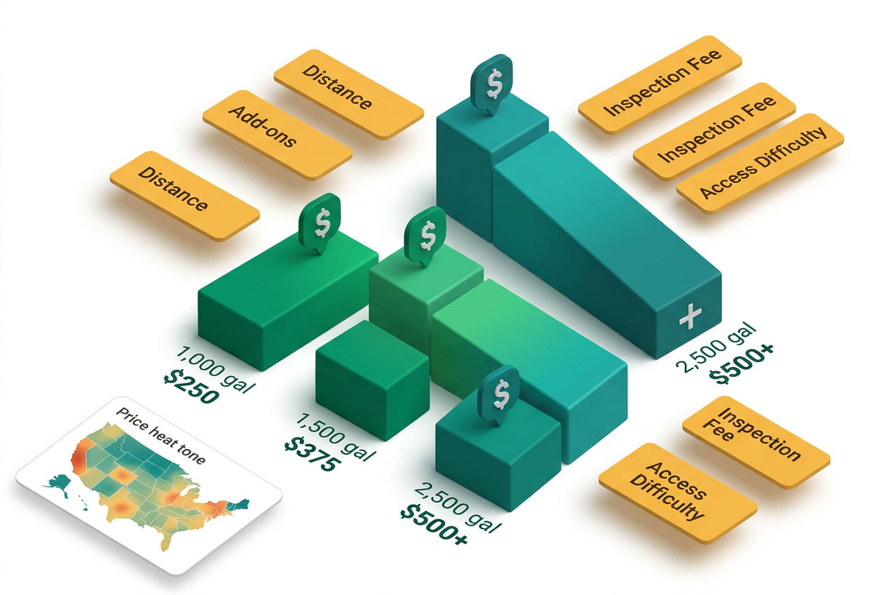 Isometric bar chart comparing 2026 septic pump-out costs by tank size and region, with floating price cards and cost-factor icons.