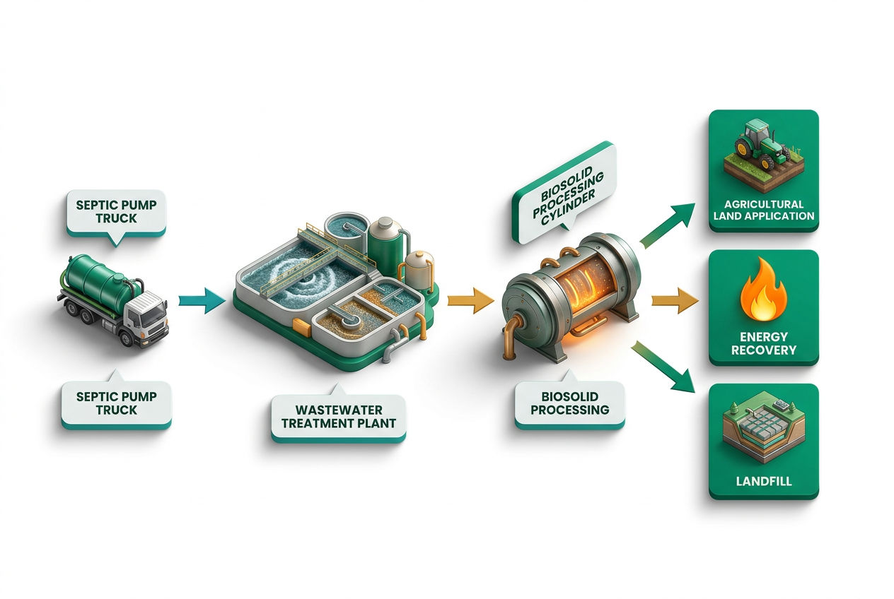 Isometric flow diagram tracing septic waste from pump truck to treatment plant, biosolid processing, and land application end uses.