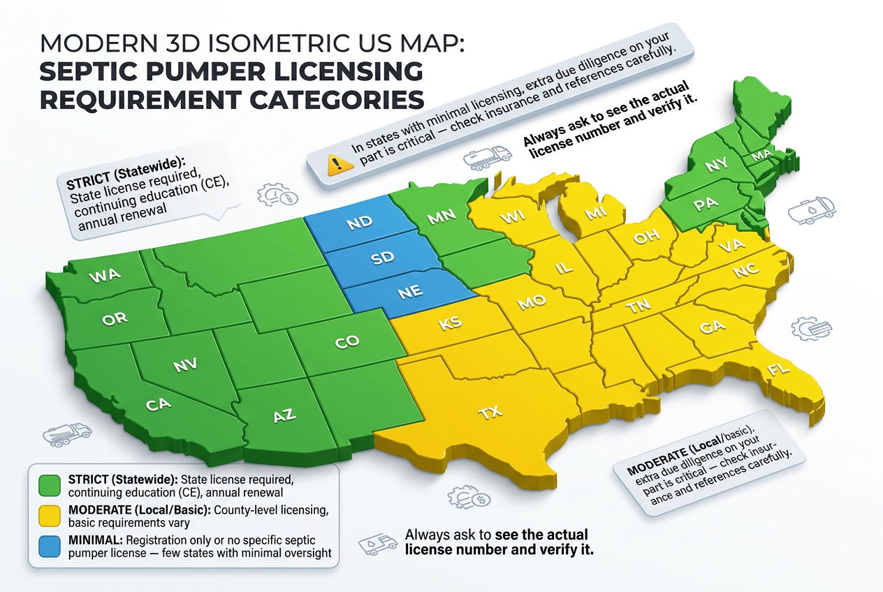 3D US map showing septic pumper licensing requirement levels by state from strict to minimal