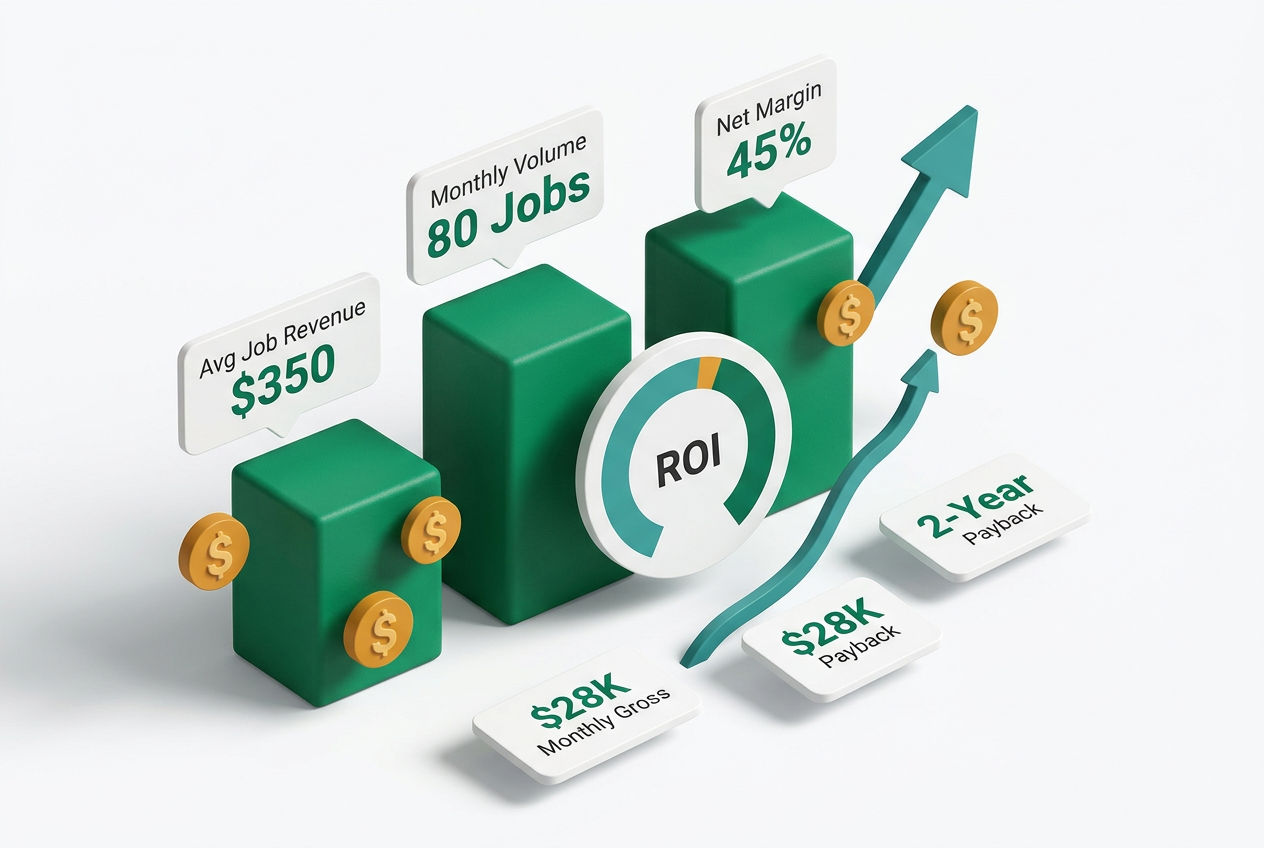 3D isometric infographic showing septic pumping business revenue bars, profit margins, and ROI metrics with emerald green accents.