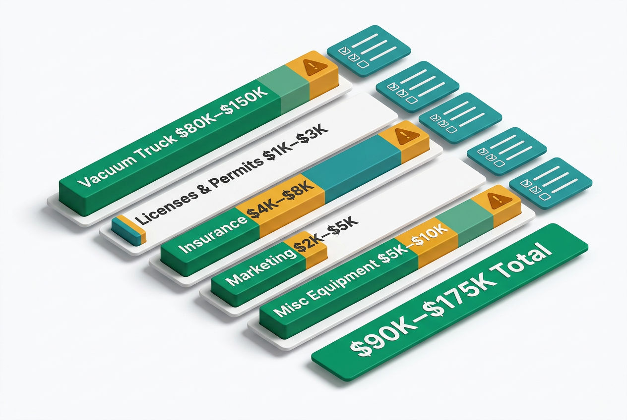 Isometric cost breakdown infographic with labeled budget bars for truck, equipment, licenses, insurance, and marketing expenses.