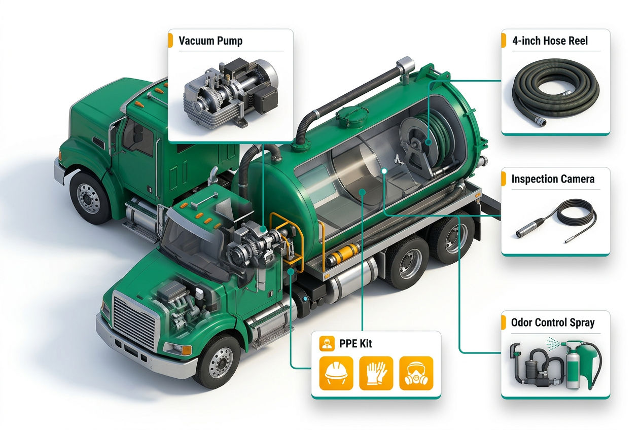 3D isometric cutaway of a vacuum truck, hose reels, inspection camera, and PPE gear with labeled floating cards.