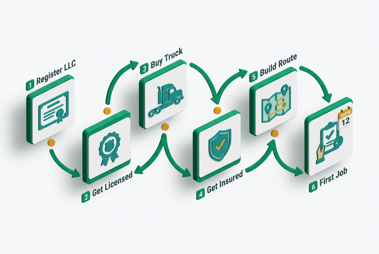 Isometric step-by-step launch flow with six numbered milestone cards from business registration to first customer job.