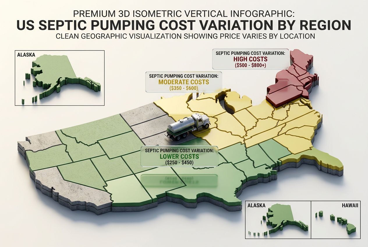 3D tilted map of the United States showing regional septic pumping cost variation with color-coded price ranges