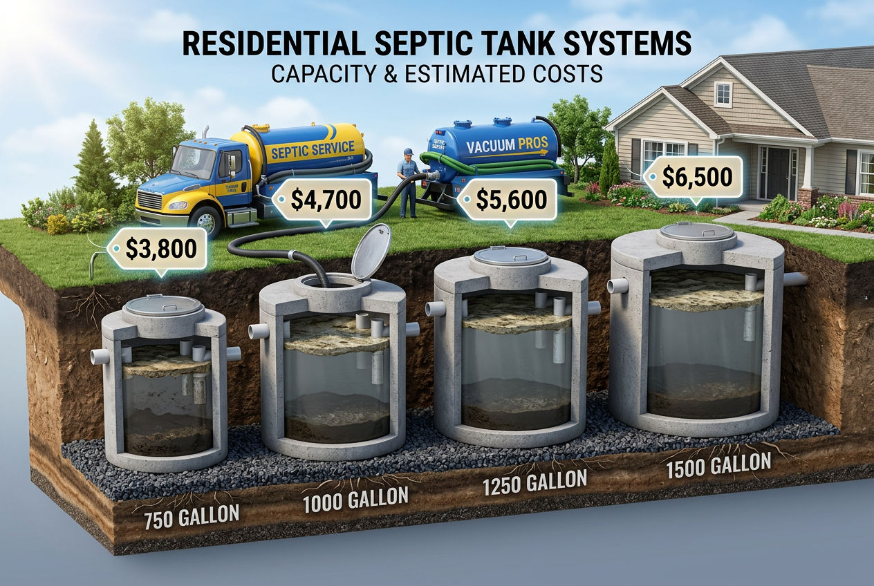 3D isometric comparison of septic pumping costs for 750, 1000, 1250, and 1500 gallon tanks with pump truck