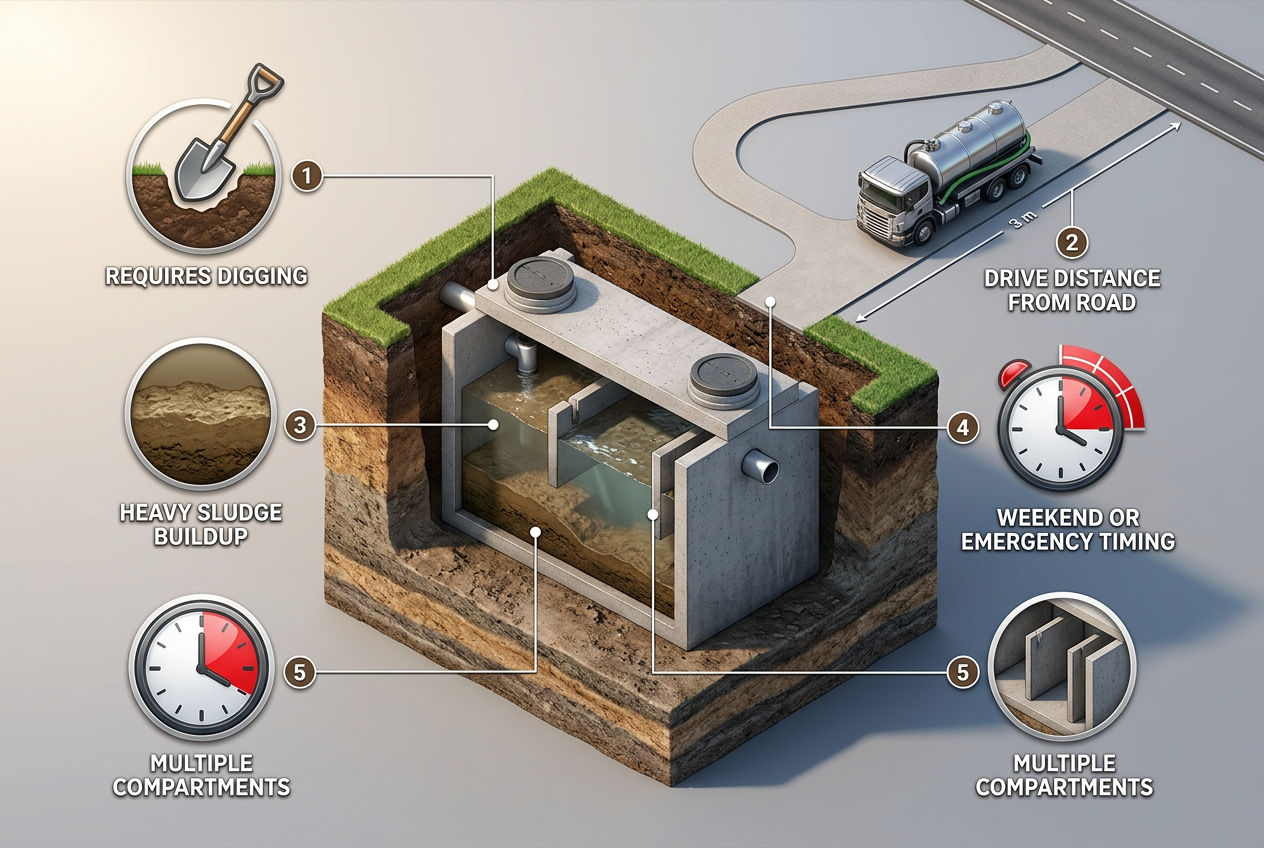 3D isometric diagram showing five factors that affect septic tank pumping cost: lid depth, drive distance, sludge level, timing, and tank complexity