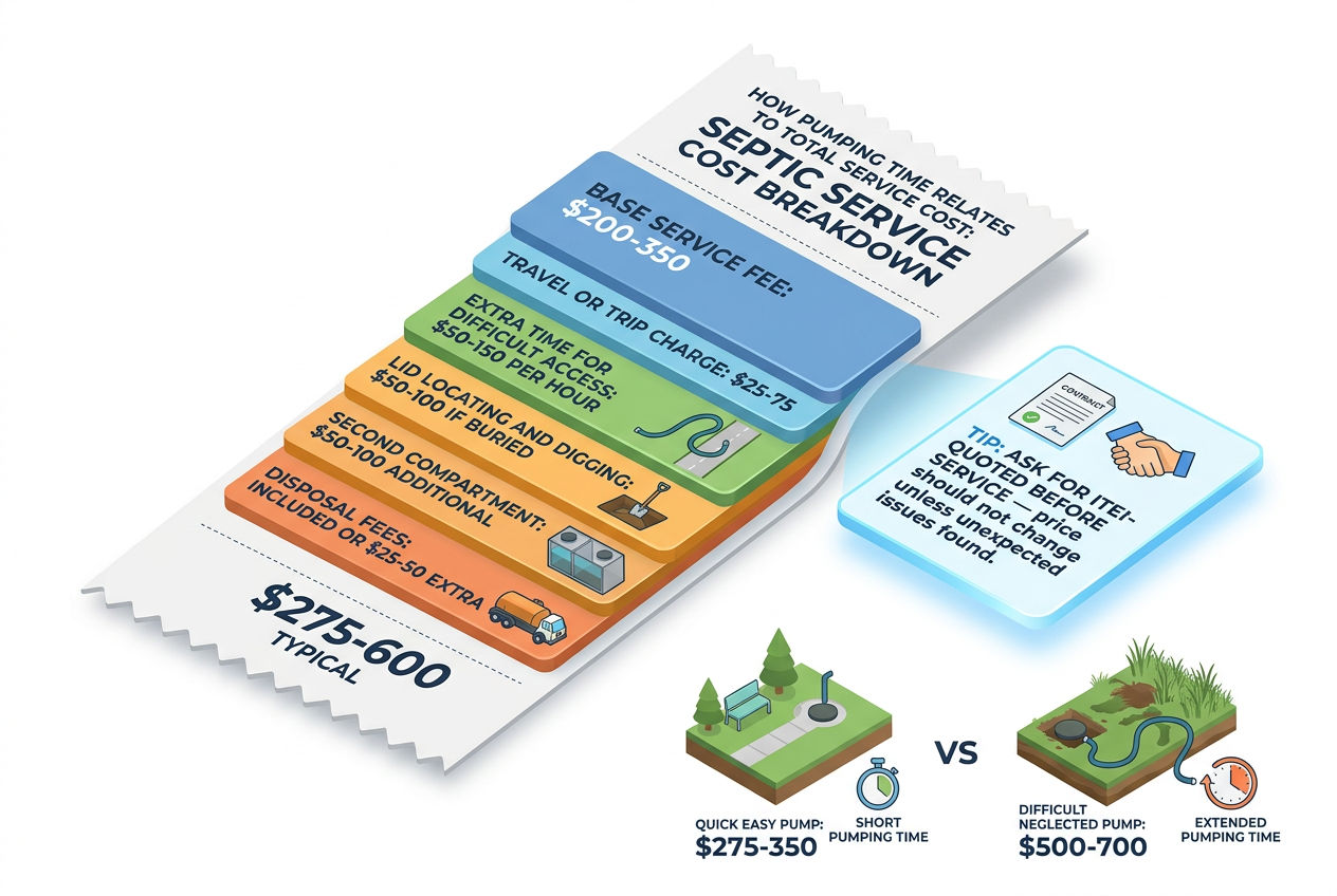 3D cost breakdown showing how septic pumping time and conditions affect total service price