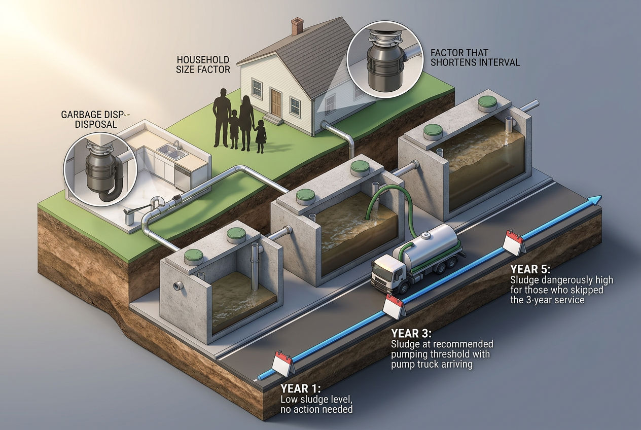 3D isometric timeline showing septic tank sludge levels rising over years with recommended pumping intervals and cost markers