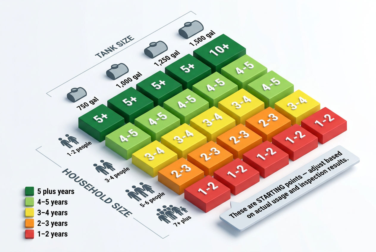 3D color-coded grid showing septic pumping frequency based on household size and tank capacity