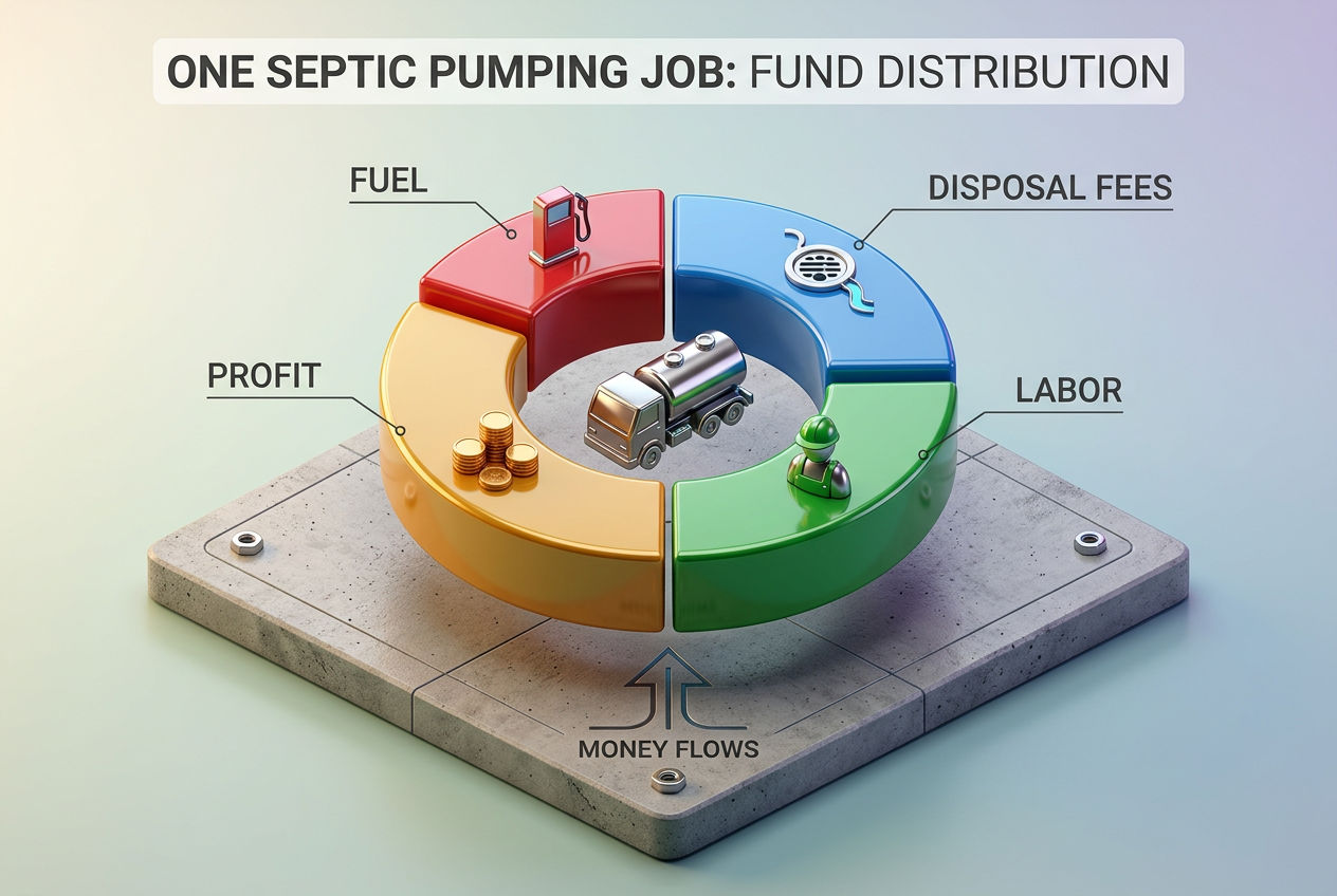 3D isometric segmented donut chart showing how septic pumping job revenue splits into fuel, disposal, labor and profit with a truck icon in the center