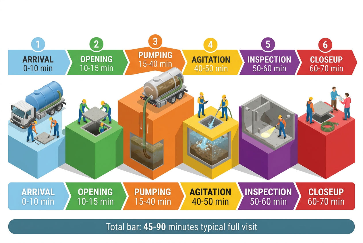 3D minute-by-minute timeline of a complete septic pumping visit from arrival through inspection to closeup