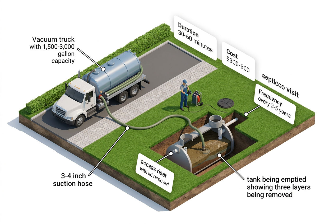 3D overview of a complete septic pumping service visit showing vacuum truck, hose, open tank, and technician