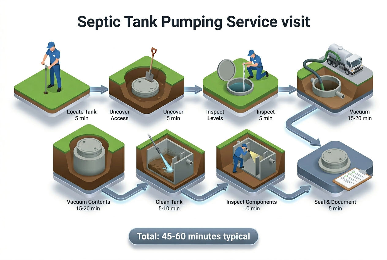 3D isometric seven-step process diagram showing complete septic tank pumping service from locating the tank to final documentation