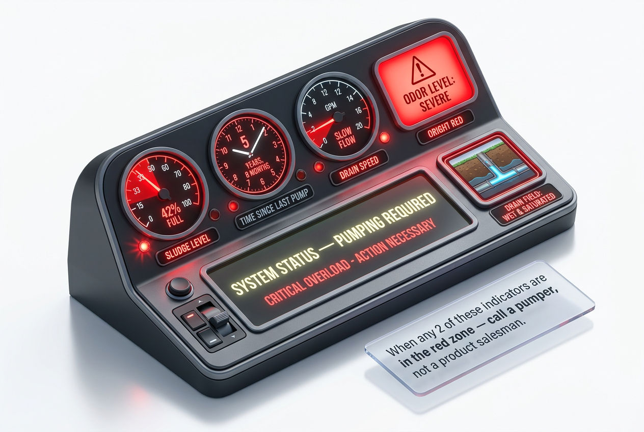 3D dashboard display showing five warning indicators that septic tank pumping is required immediately
