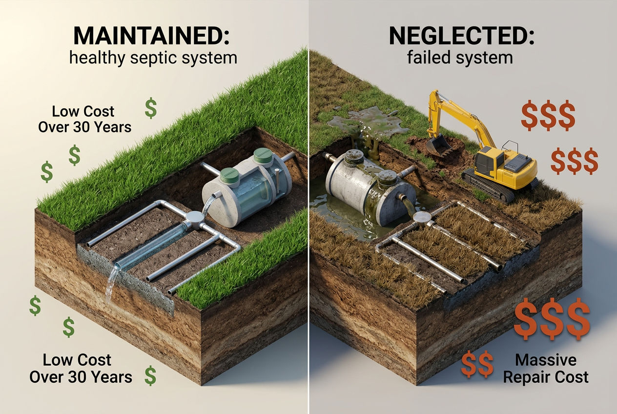 3D split comparison showing maintained septic system with low costs versus neglected system requiring expensive drain field replacement