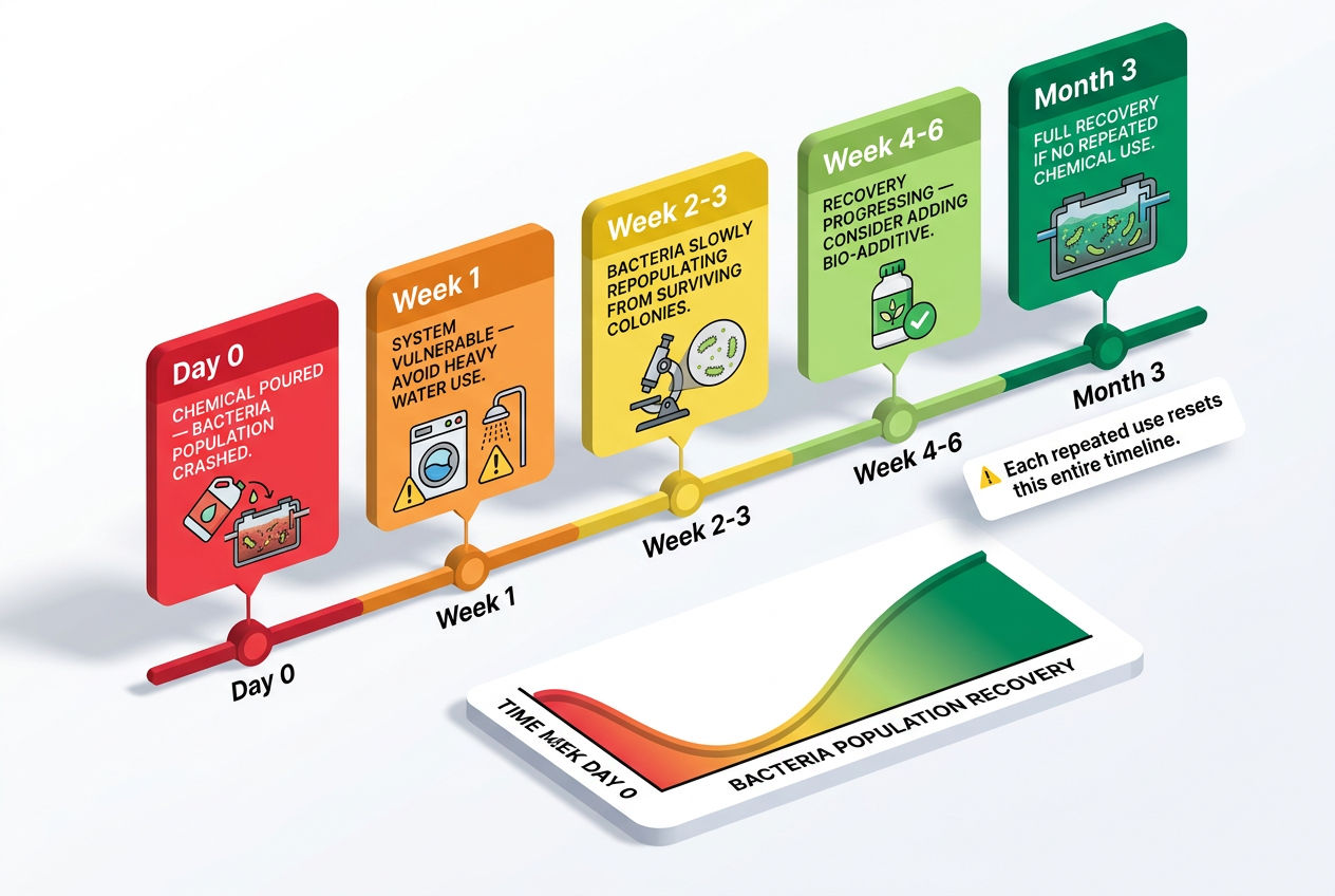 3D timeline showing septic system bacteria recovery over 3 months after chemical drain cleaner use