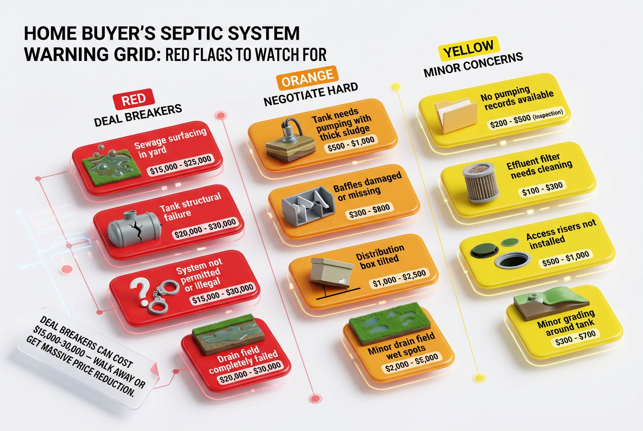 3D severity-coded warning grid showing septic red flags for home buyers from deal breakers to minor concerns