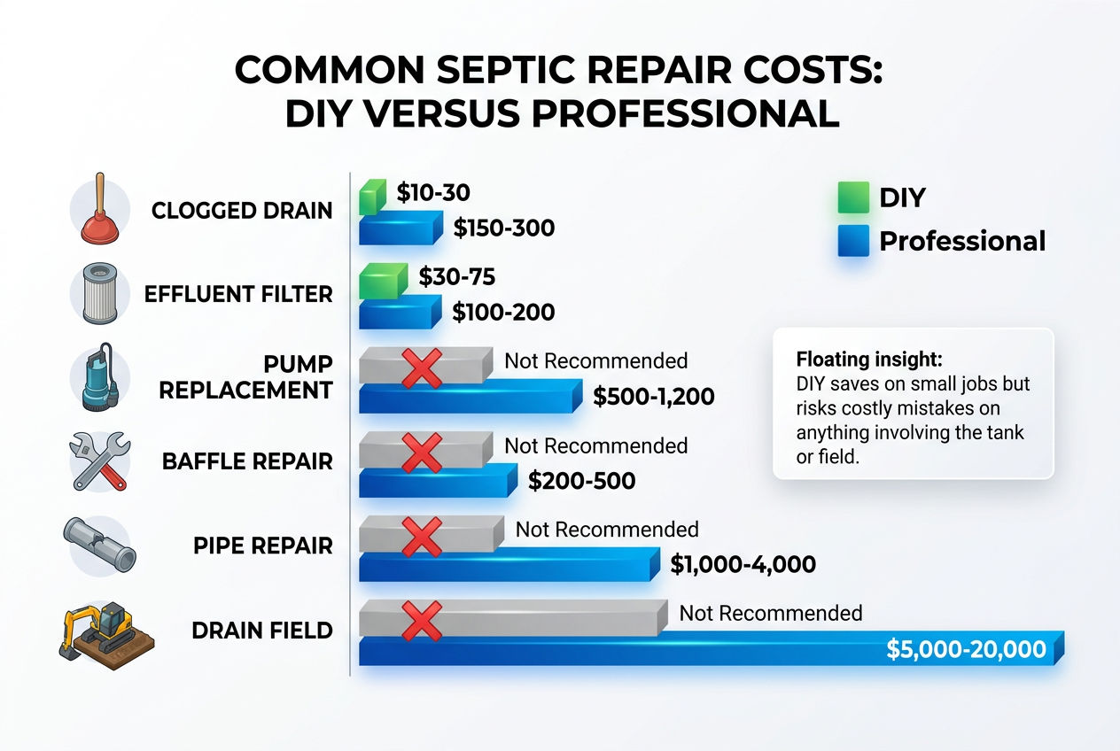 3D bar chart comparing DIY versus professional costs for common septic system repairs