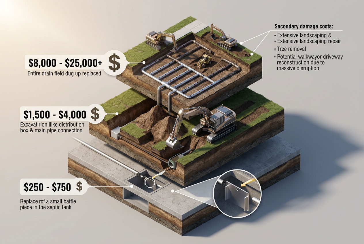 3D cost pyramid showing three layers of septic repair costs: component, excavation labor, and secondary drain field damage