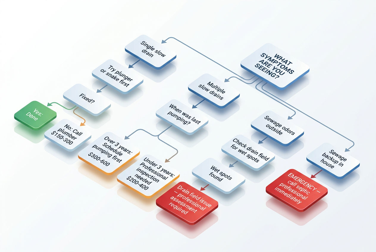 3D decision flowchart for assessing septic system repair needs based on symptoms observed