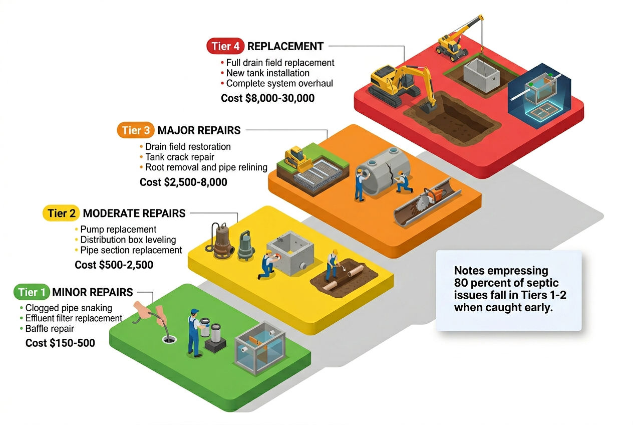 3D four-tier diagram showing septic repair options from minor $150 fixes to full replacement at $30,000