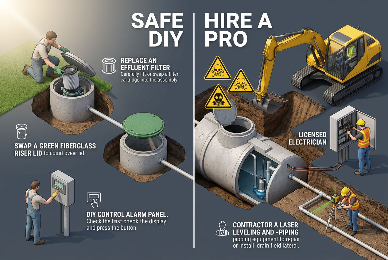 3D split scene comparing DIY-safe septic repairs at ground level versus professional-only repairs requiring excavation and specialized equipment