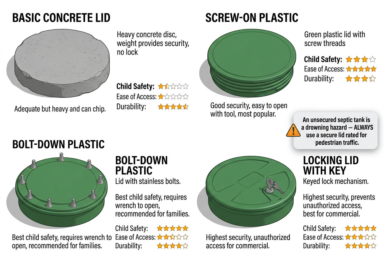 3D comparison of four septic riser lid types rated on child safety, access ease, and durability
