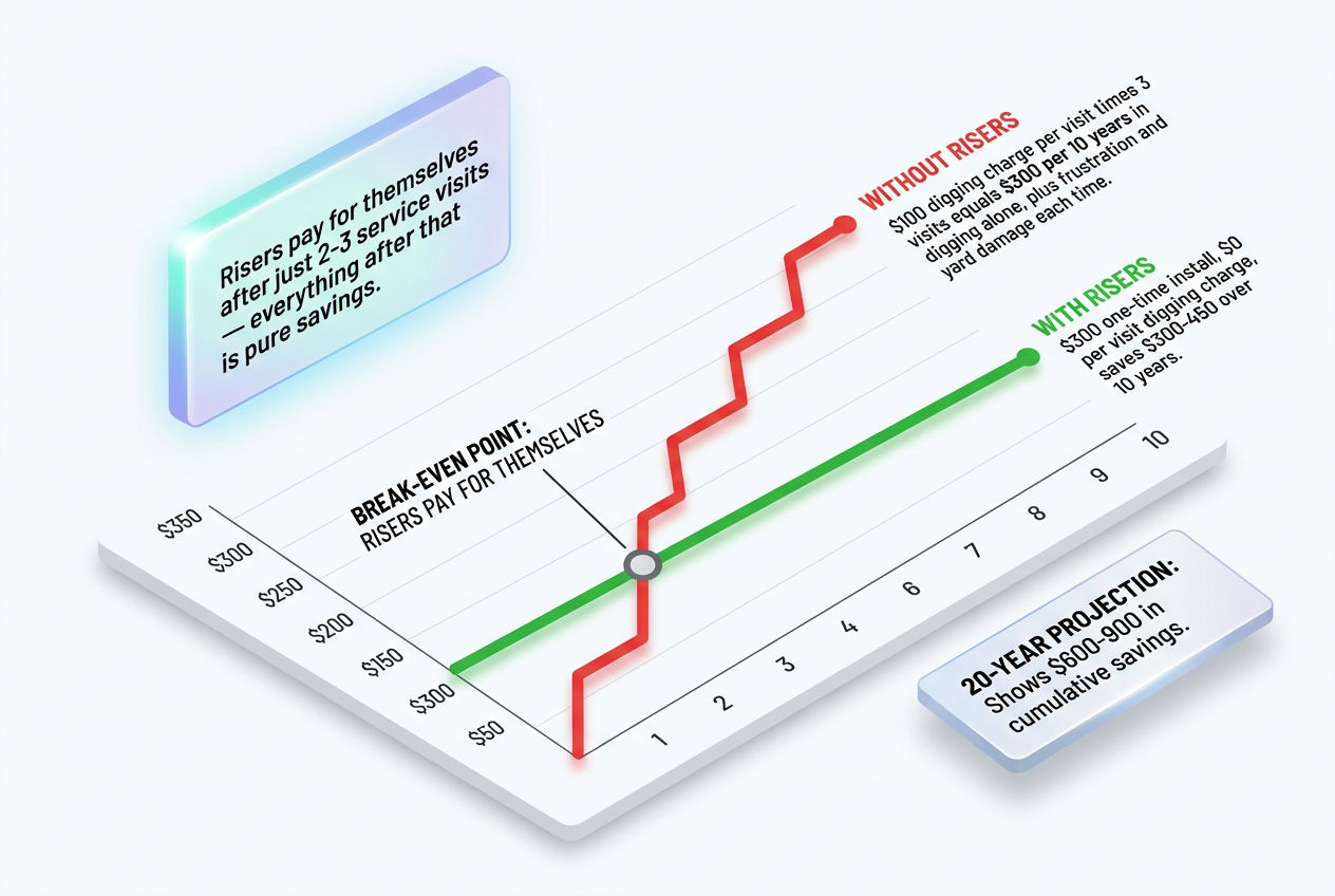 3D 10-year cost comparison showing septic risers paying for themselves after 2-3 service visits